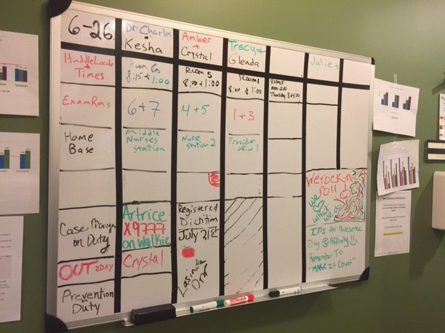 Image of Affinity Health Center's white board schedule.